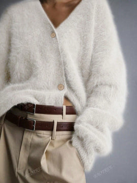 Cardigan de manga larga con botones con estampado de grano de madera y cuello en v, unicolor, informal, calido y elegante, para otono/invierno