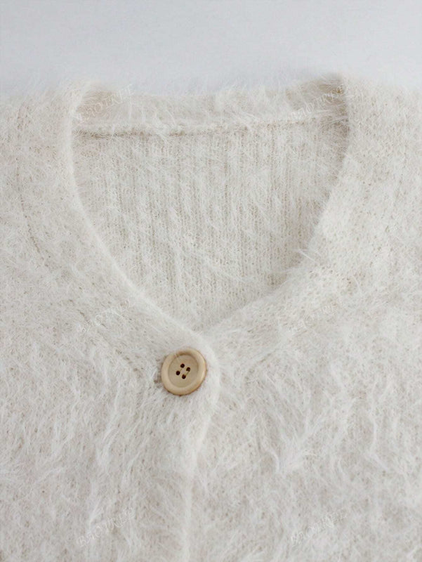 Cardigan de manga larga con botones con estampado de grano de madera y cuello en v, unicolor, informal, calido y elegante, para otono/invierno