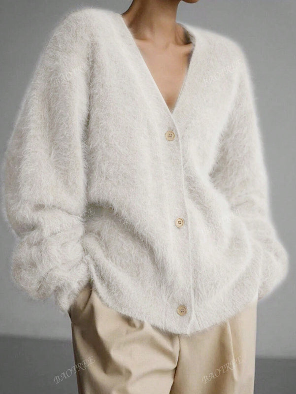 Cardigan de manga larga con botones con estampado de grano de madera y cuello en v, unicolor, informal, calido y elegante, para otono/invierno