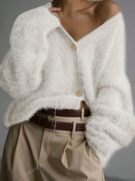 Cardigan de manga larga con botones con estampado de grano de madera y cuello en v, unicolor, informal, calido y elegante, para otono/invierno