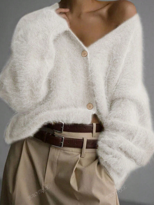 Cardigan de manga larga con botones con estampado de grano de madera y cuello en v, unicolor, informal, calido y elegante, para otono/invierno