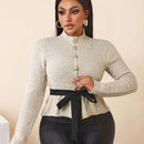 Bamgleam cardigan de mujer con cuello alto, decoracion de boton metalico, ribete de volantes y lazo, manga larga, para otono/invierno