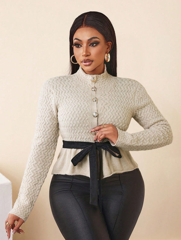 Bamgleam cardigan de mujer con cuello alto, decoracion de boton metalico, ribete de volantes y lazo, manga larga, para otono/invierno