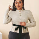 Bamgleam cardigan de mujer con cuello alto, decoracion de boton metalico, ribete de volantes y lazo, manga larga, para otono/invierno