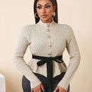 Bamgleam cardigan de mujer con cuello alto, decoracion de boton metalico, ribete de volantes y lazo, manga larga, para otono/invierno
