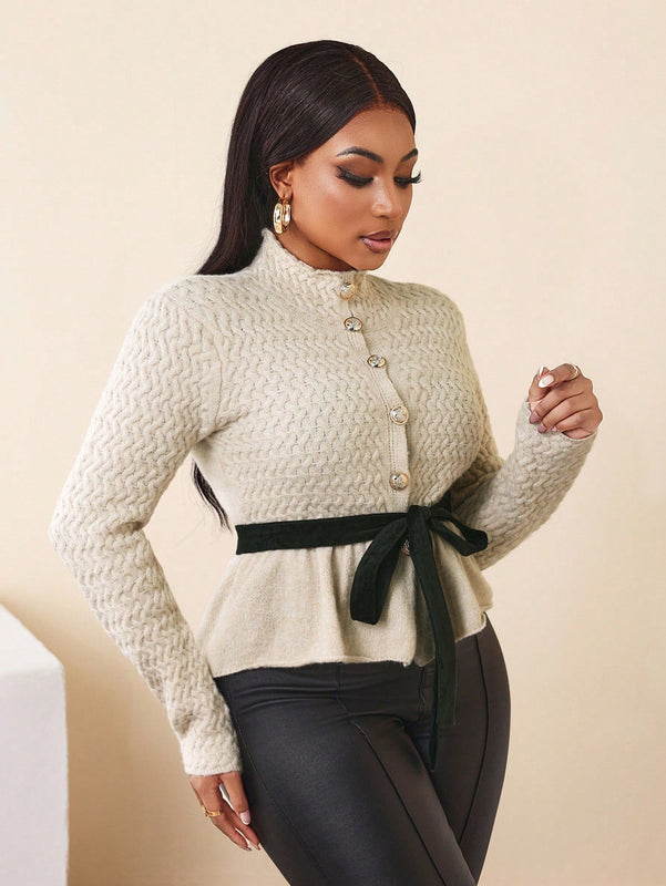 Bamgleam cardigan de mujer con cuello alto, decoracion de boton metalico, ribete de volantes y lazo, manga larga, para otono/invierno
