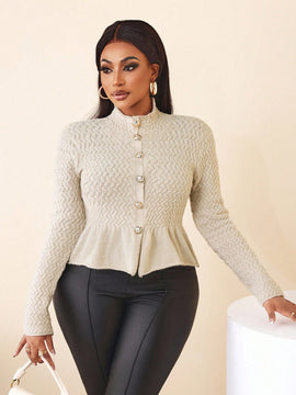 Bamgleam cardigan de mujer con cuello alto, decoracion de boton metalico, ribete de volantes y lazo, manga larga, para otono/invierno