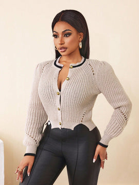 Bamgleam nuevo cardigan de estilo elegante para mujer con mangas abultadas y botones, efecto de bloques de color para otono/invierno