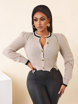 Bamgleam nuevo cardigan de estilo elegante para mujer con mangas abultadas y botones, efecto de bloques de color para otono/invierno