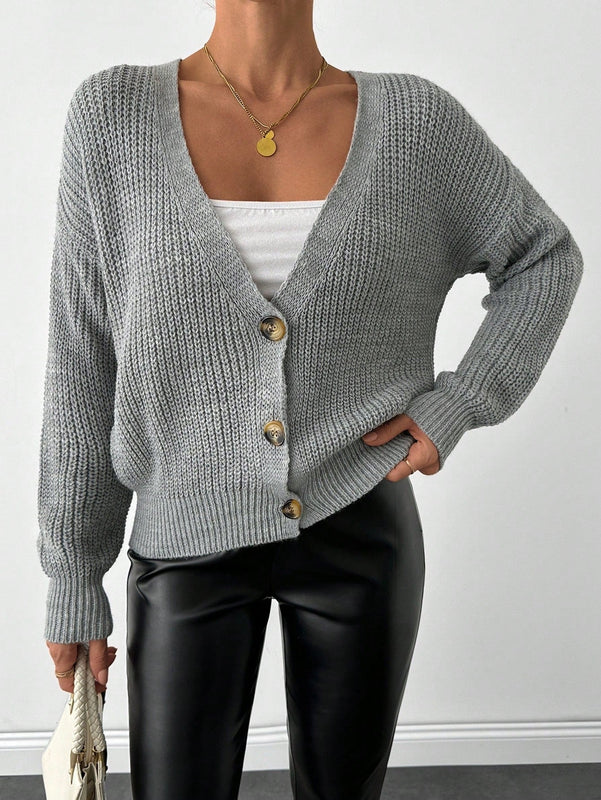 Cardigan casual de un solo botonadura de mangas largas y hombros caidos de unicolor para mujer, otono/invierno