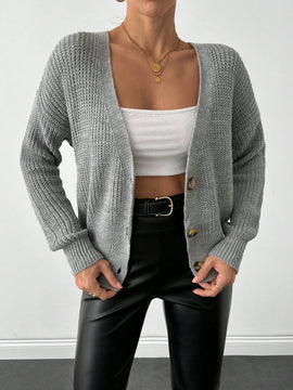 Cardigan casual de un solo botonadura de mangas largas y hombros caidos de unicolor para mujer, otono/invierno
