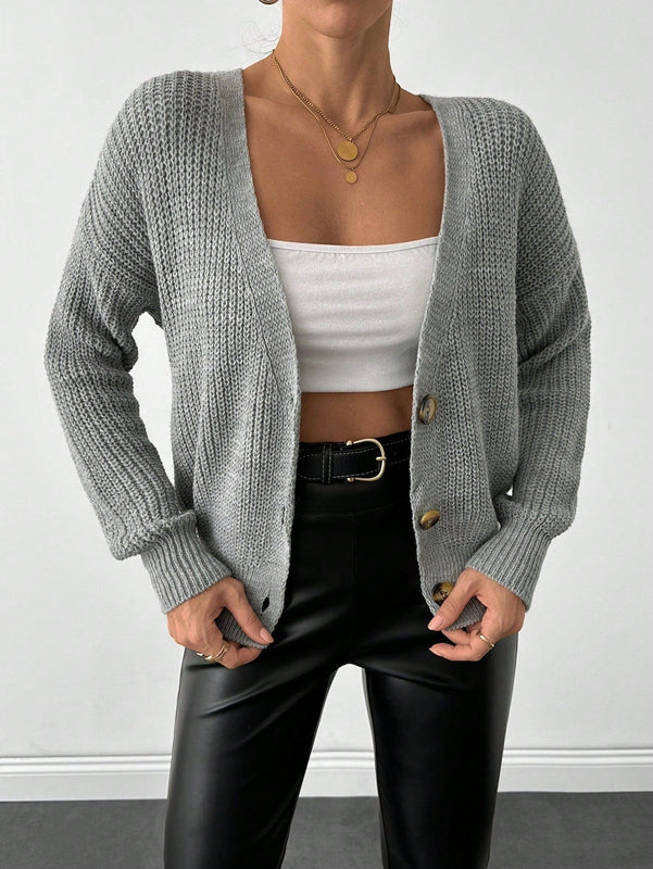 Cardigan casual de un solo botonadura de mangas largas y hombros caidos de unicolor para mujer, otono/invierno