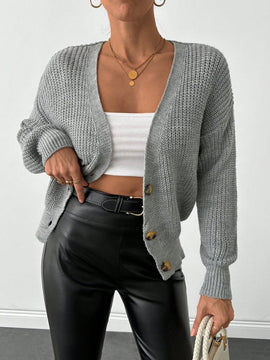 Cardigan casual de un solo botonadura de mangas largas y hombros caidos de unicolor para mujer, otono/invierno