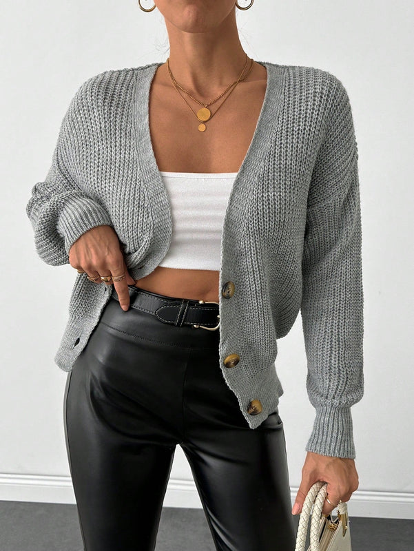Cardigan casual de un solo botonadura de mangas largas y hombros caidos de unicolor para mujer, otono/invierno