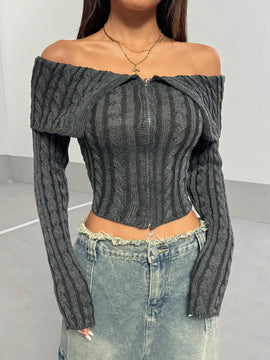 Hypezone cardigan de mujer con cuello vuelto, hombros descubiertos, cremallera y botones, de manga larga para otono/invierno