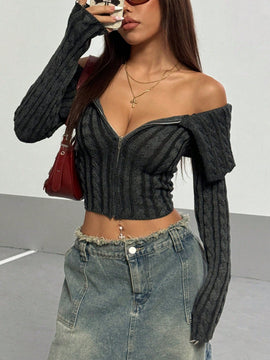 Hypezone cardigan de mujer con cuello vuelto, hombros descubiertos, cremallera y botones, de manga larga para otono/invierno