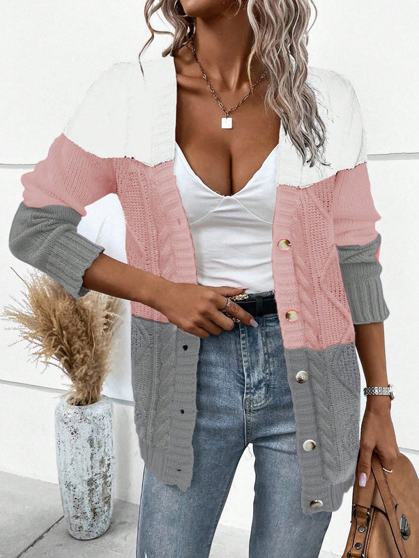 Lune cardigan con parches de colores contrastantes, informal y de moda para uso diario