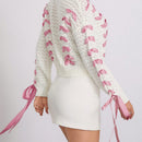 Cardigan corto de manga larga para mujer, sueter de punto con botones, decoracion de corbata de cuello en v de color contrastante