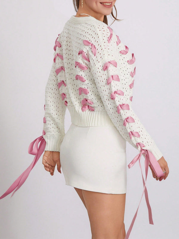 Cardigan corto de manga larga para mujer, sueter de punto con botones, decoracion de corbata de cuello en v de color contrastante