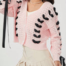 Cardigan corto de manga larga para mujer, sueter de punto con botones, decoracion de corbata de cuello en v de color contrastante