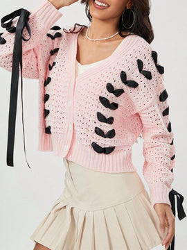 Cardigan corto de manga larga para mujer, sueter de punto con botones, decoracion de corbata de cuello en v de color contrastante
