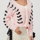 Cardigan corto de manga larga para mujer, sueter de punto con botones, decoracion de corbata de cuello en v de color contrastante