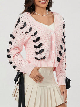 Cardigan corto de manga larga para mujer, sueter de punto con botones, decoracion de corbata de cuello en v de color contrastante