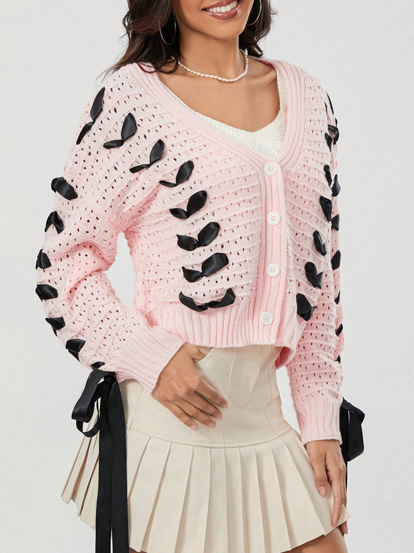 Cardigan corto de manga larga para mujer, sueter de punto con botones, decoracion de corbata de cuello en v de color contrastante