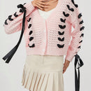 Cardigan corto de manga larga para mujer, sueter de punto con botones, decoracion de corbata de cuello en v de color contrastante