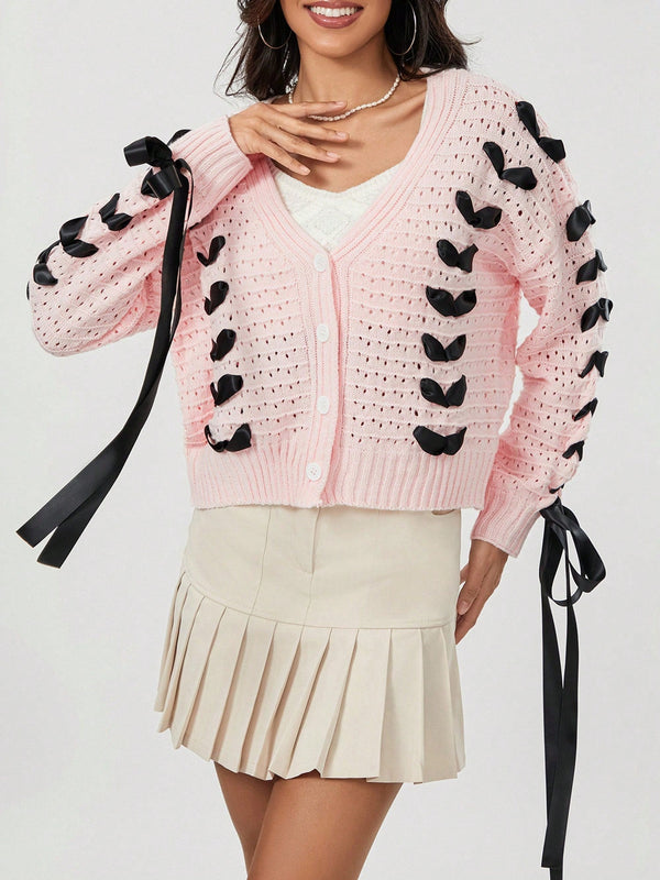 Cardigan corto de manga larga para mujer, sueter de punto con botones, decoracion de corbata de cuello en v de color contrastante