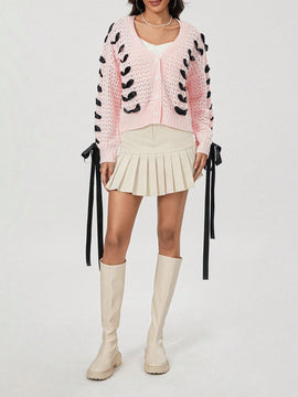 Cardigan corto de manga larga para mujer, sueter de punto con botones, decoracion de corbata de cuello en v de color contrastante
