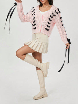 Cardigan corto de manga larga para mujer, sueter de punto con botones, decoracion de corbata de cuello en v de color contrastante
