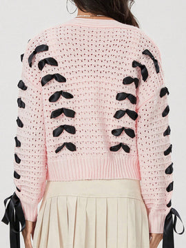 Cardigan corto de manga larga para mujer, sueter de punto con botones, decoracion de corbata de cuello en v de color contrastante