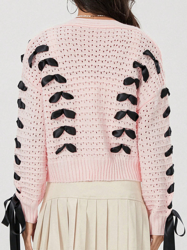 Cardigan corto de manga larga para mujer, sueter de punto con botones, decoracion de corbata de cuello en v de color contrastante