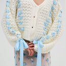 Cardigan corto de manga larga para mujer, sueter de punto con botones, decoracion de corbata de cuello en v de color contrastante
