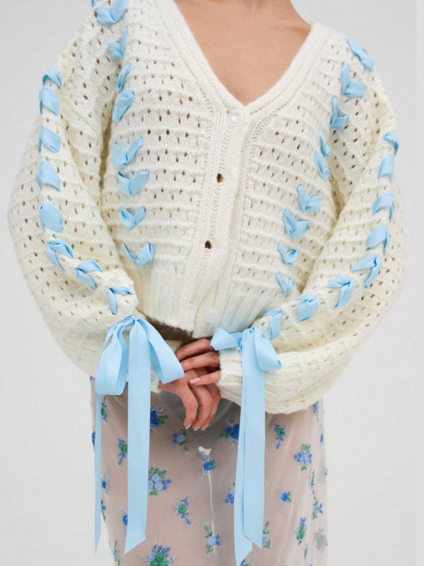 Cardigan corto de manga larga para mujer, sueter de punto con botones, decoracion de corbata de cuello en v de color contrastante
