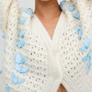 Cardigan corto de manga larga para mujer, sueter de punto con botones, decoracion de corbata de cuello en v de color contrastante