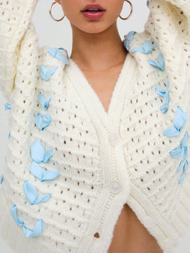 Cardigan corto de manga larga para mujer, sueter de punto con botones, decoracion de corbata de cuello en v de color contrastante