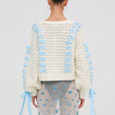 Cardigan corto de manga larga para mujer, sueter de punto con botones, decoracion de corbata de cuello en v de color contrastante