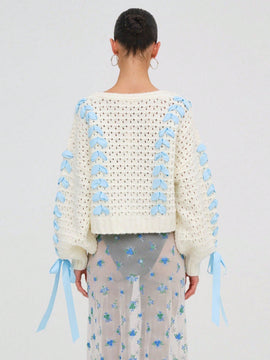 Cardigan corto de manga larga para mujer, sueter de punto con botones, decoracion de corbata de cuello en v de color contrastante