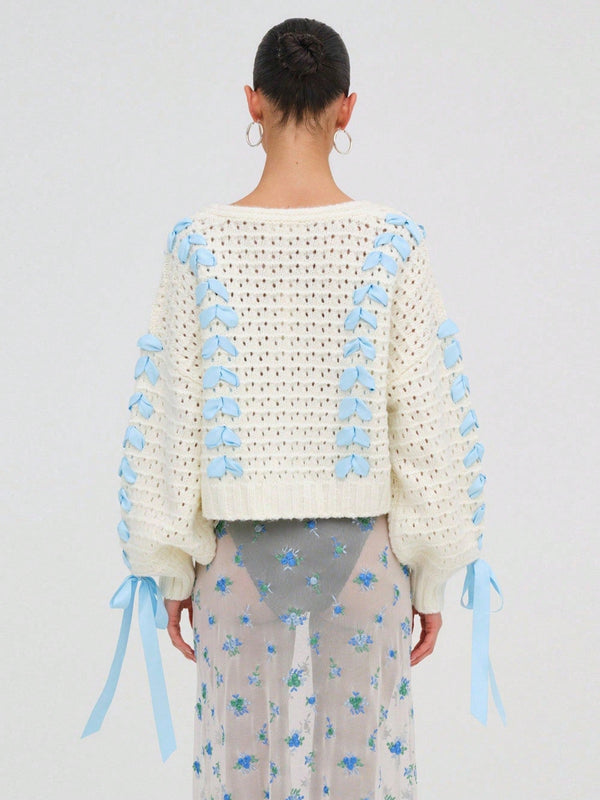 Cardigan corto de manga larga para mujer, sueter de punto con botones, decoracion de corbata de cuello en v de color contrastante