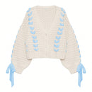 Cardigan corto de manga larga para mujer, sueter de punto con botones, decoracion de corbata de cuello en v de color contrastante