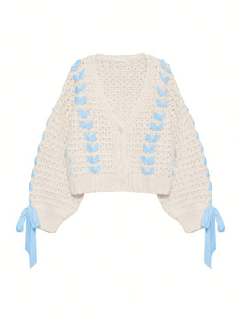 Cardigan corto de manga larga para mujer, sueter de punto con botones, decoracion de corbata de cuello en v de color contrastante