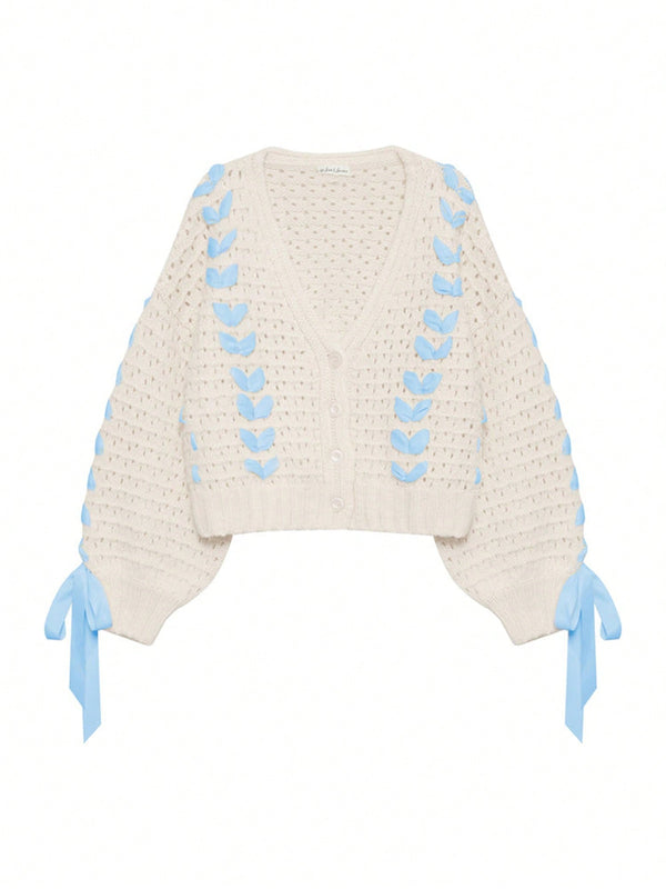 Cardigan corto de manga larga para mujer, sueter de punto con botones, decoracion de corbata de cuello en v de color contrastante