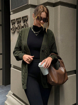 Eurmuse cardigan verde con trenzado, moda sencilla, uso diario y casual