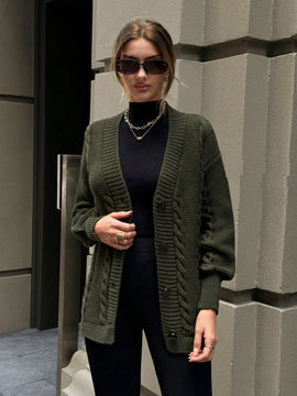 Eurmuse cardigan verde con trenzado, moda sencilla, uso diario y casual