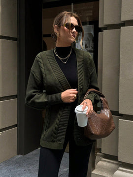 Eurmuse cardigan verde con trenzado, moda sencilla, uso diario y casual