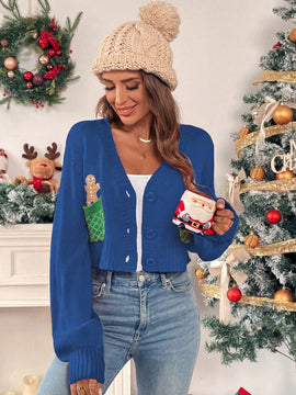 Essnce cardigan de manga larga con grafico de hombre de jengibre minimalista y casual para mujer, navidad