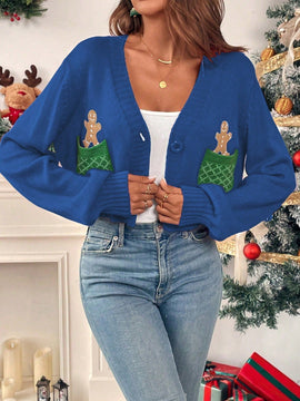 Essnce cardigan de manga larga con grafico de hombre de jengibre minimalista y casual para mujer, navidad