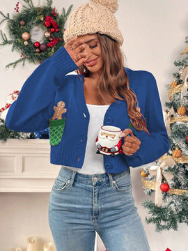 Essnce cardigan de manga larga con grafico de hombre de jengibre minimalista y casual para mujer, navidad